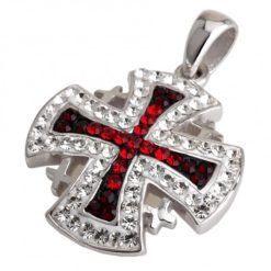 Sterling Silver Jerusalem Cross Necklace with Red and White Stones