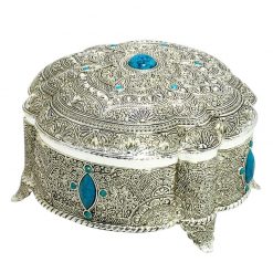 Antique Silver Plated Filigree Blue Gemstone Jerusalem Jewelry Box