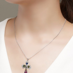 Sterling Silver 925 Grandeur Jerusalem Cross Jewelry with Vibrant Swarovski Crystals Hancrafted Necklace Handcrafted