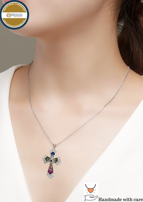 Sterling Silver 925 Grandeur Jerusalem Cross Jewelry with Vibrant Swarovski Crystals Hancrafted Necklace Handcrafted
