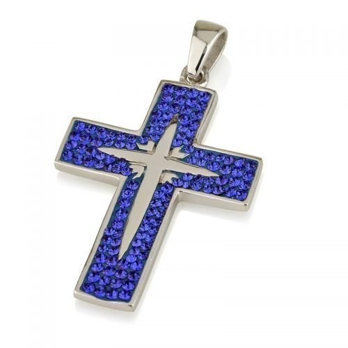 Luxury Sterling Silver Blue Swarovski Crystal Cross necklace - Handmade in Jerusalem