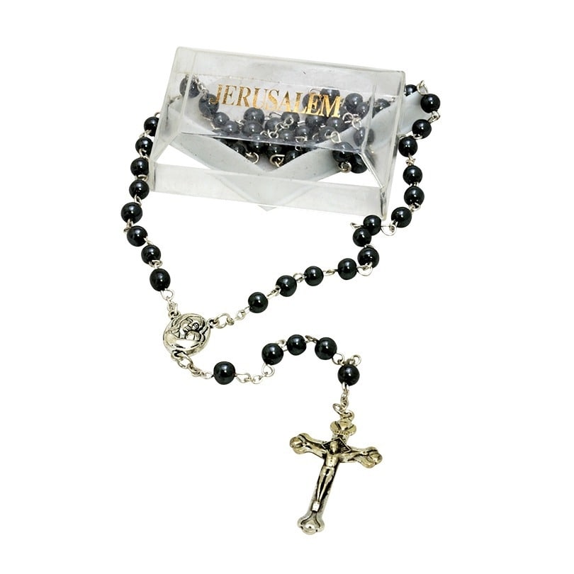 Catholic Rosary with Black Heavy Stones, Holy Land Soil as Centerpiece –  Bethlehem Handicrafts