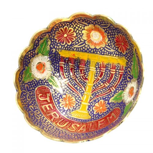 Brass Colored Blossom Menorah Candelabrum Jerusalem Handmade Bowl Authentic Armenian Ceramic Design