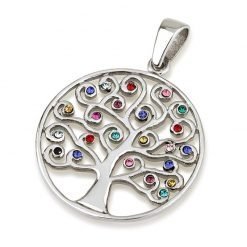 Round Glowing Colors Swarovski Crystals Tree of Life Authentic Sterling Silver 925 Jerusalem Handmade Pendant