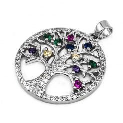 Sterling Silver 925 Round Colorful Silver Cubic Zirconia Tree of Life Jerusalem Handmade Pendant