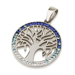 Round Blue light Swarovski Crystals Tree of Life Authentic Sterling Silver 925 Jerusalem Handmade Pendant