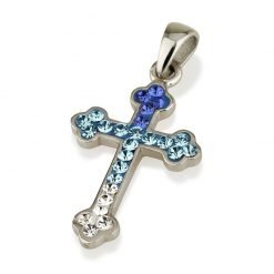 Authentic Sterling Silver 925 Celestial Blue Swarovski Stones Jerusalem Handmade Cross Pendant