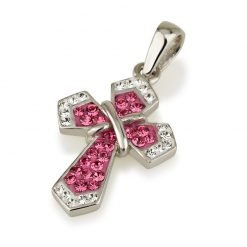 Authentic Sterling Silver 925 Pink and White Swarovski Crystal Handmade Pristine Jerusalem Cross Pendant