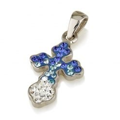 Authentic Glowing Rosy Sterling Silver 925 Blue Swarovski Crystal Jerusalem Handmade Cross Pendant
