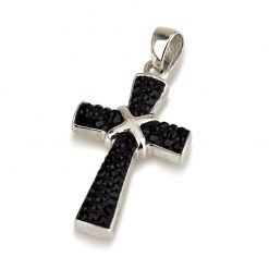 Ritzy Pitch-Black Authentic Sterling Silver 925 Swarovski Stones Jerusalem Handmade Cross Pendant