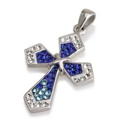 Blue Angelic Authentic Sterling Silver 925 Swarovski Crystals Jerusalem Handmade Cross Pendant