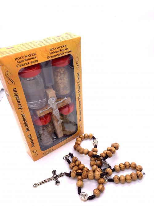 wooden rosariy and 5 elements holy set